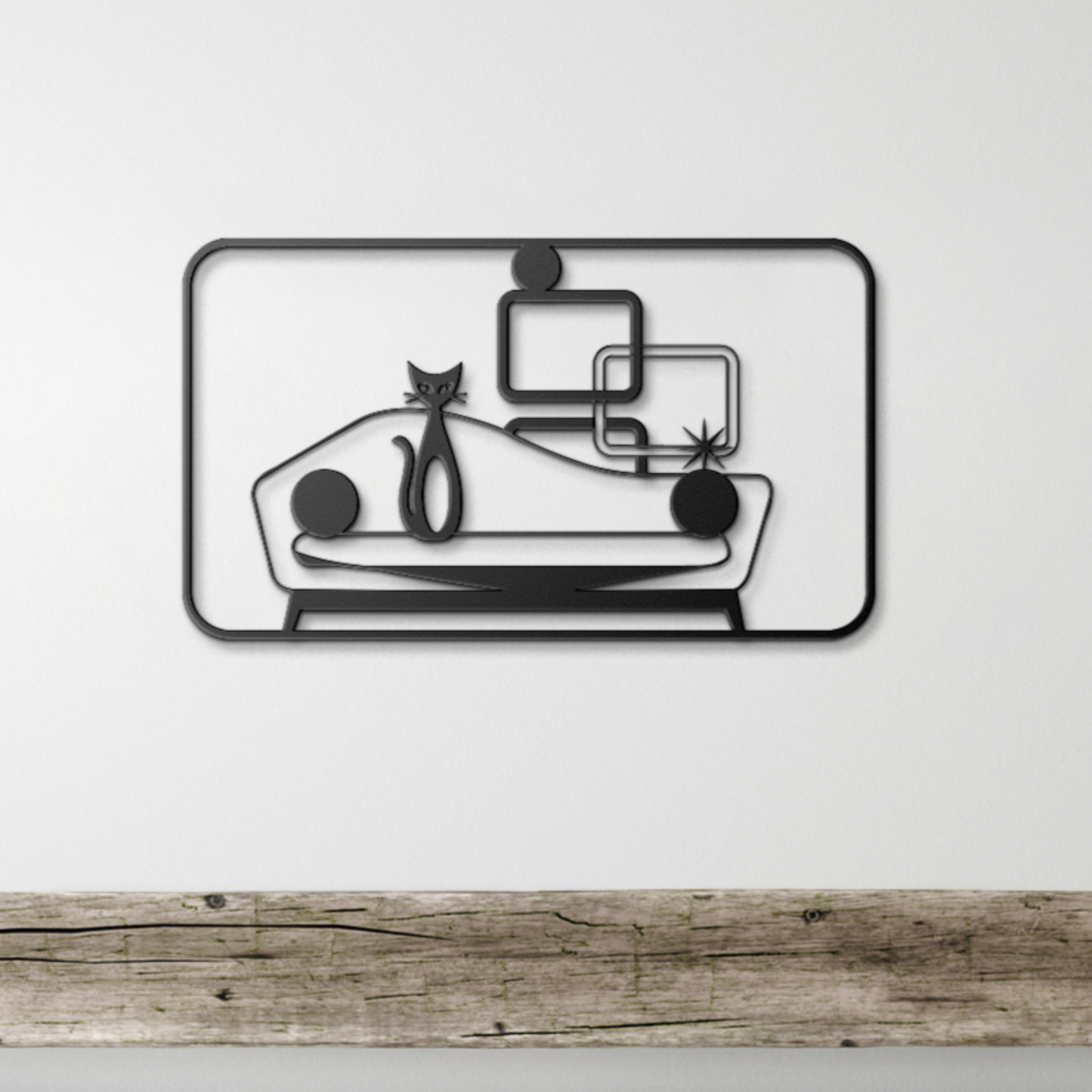 Mid-century modern black cat metal wall art with geometric shapes and retro sofa
