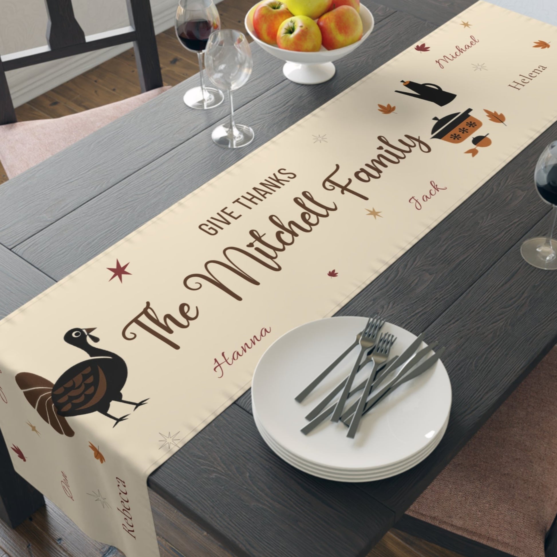 Custom Thanksgiving table decor with autumn leaves and turkey motif