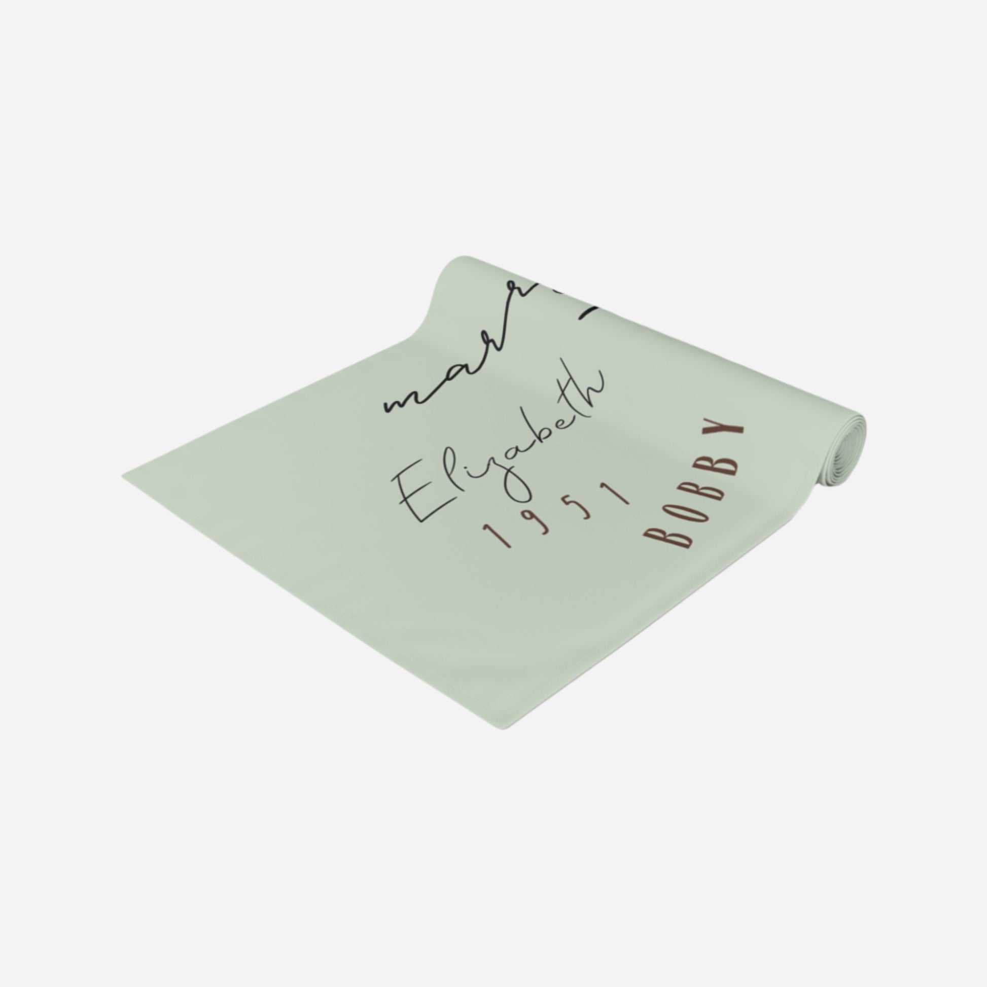 Custom name table runner made from high-quality fabric with clear contrast lettering