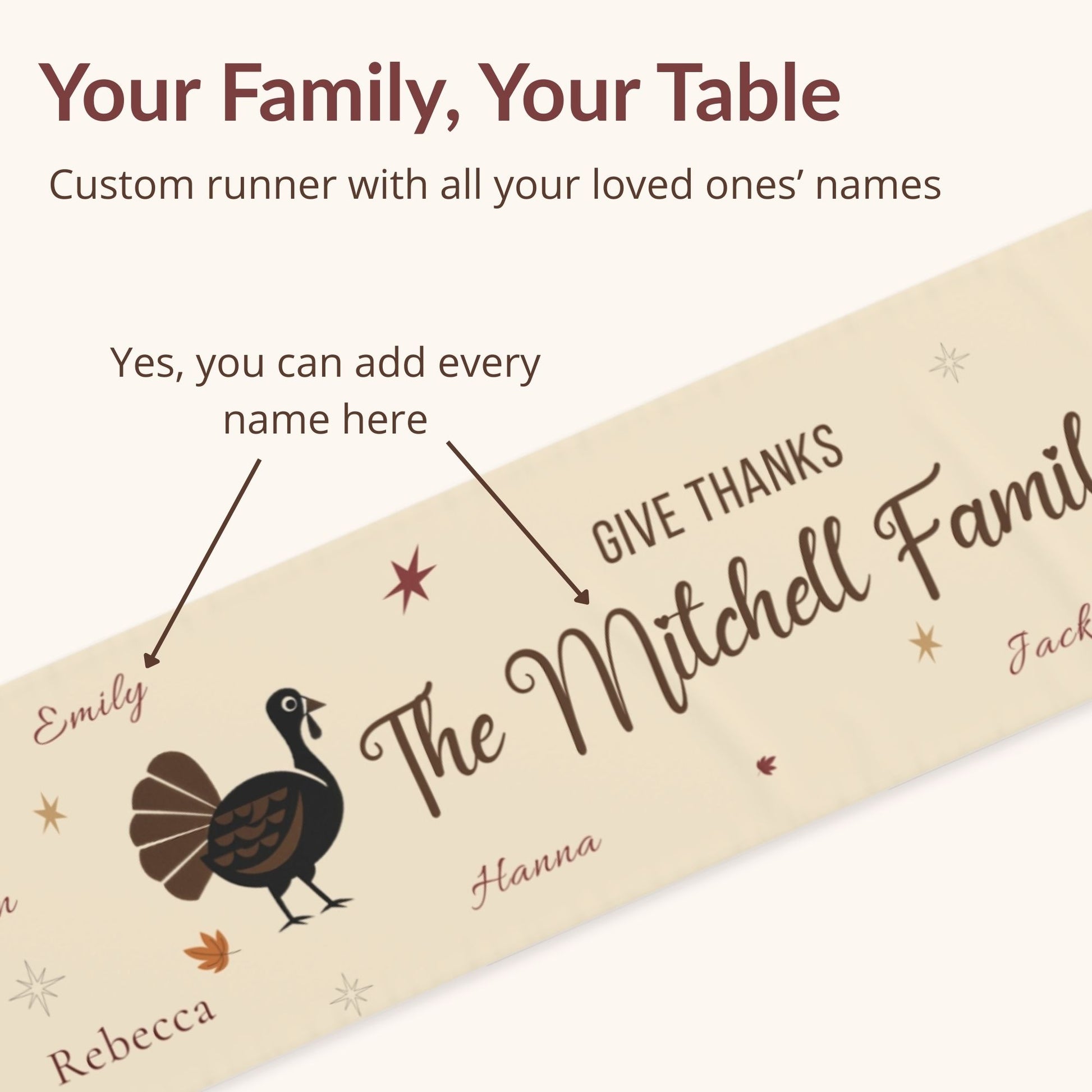 Custom table runner with family names and a turkey design on a beige background