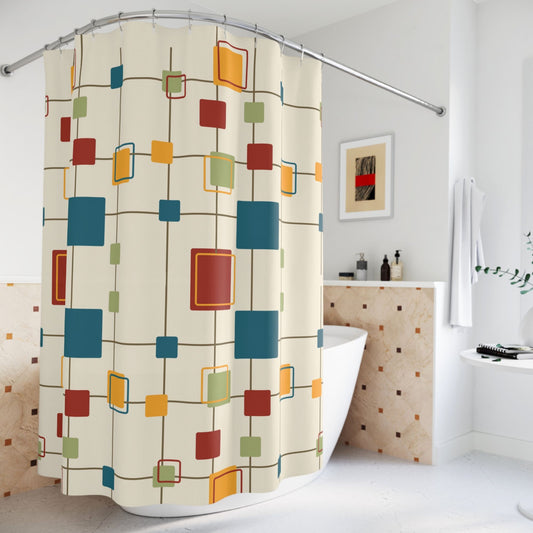 Colorful geometric shower curtain with a vintage mid-century aesthetic