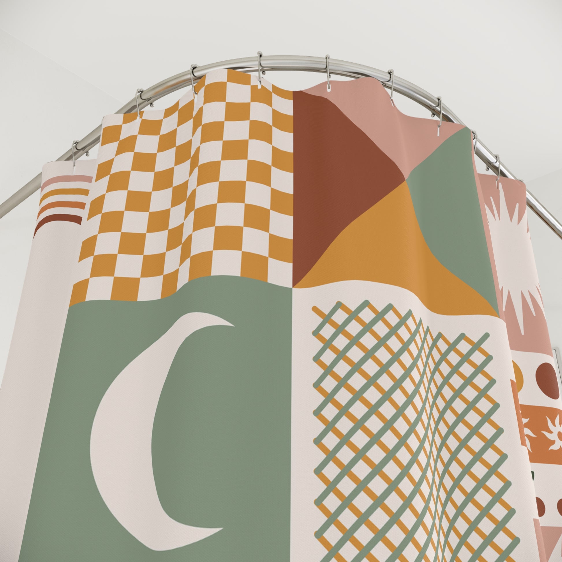 Shower curtain with colorful patchwork design featuring retro sunbursts, moons, checkerboard, and floral motifs in warm earthy tones.