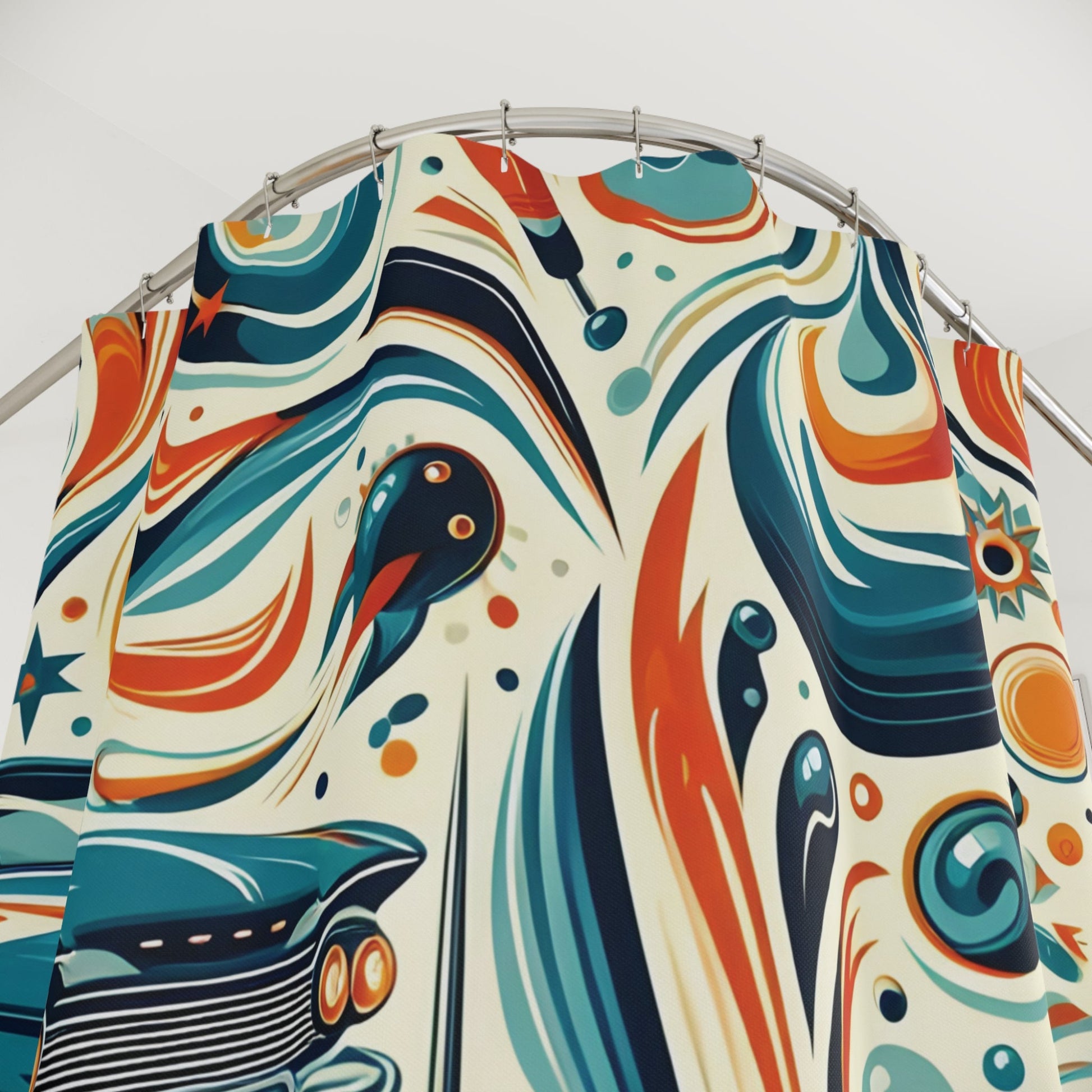 Mid-century modern shower curtain featuring colorful atomic-era artwork