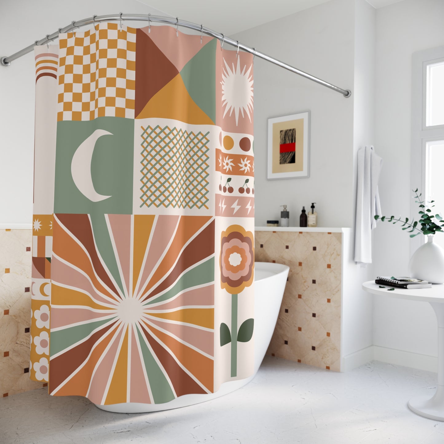 Retro boho shower curtain with abstract sunburst, floral, moon and geometric mid-century modern patterns in warm earth tones.
