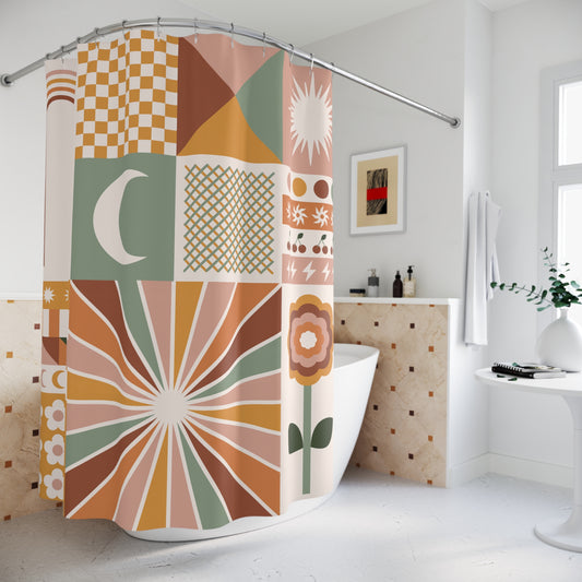 Retro boho shower curtain with abstract sunburst, floral, moon and geometric mid-century modern patterns in warm earth tones.