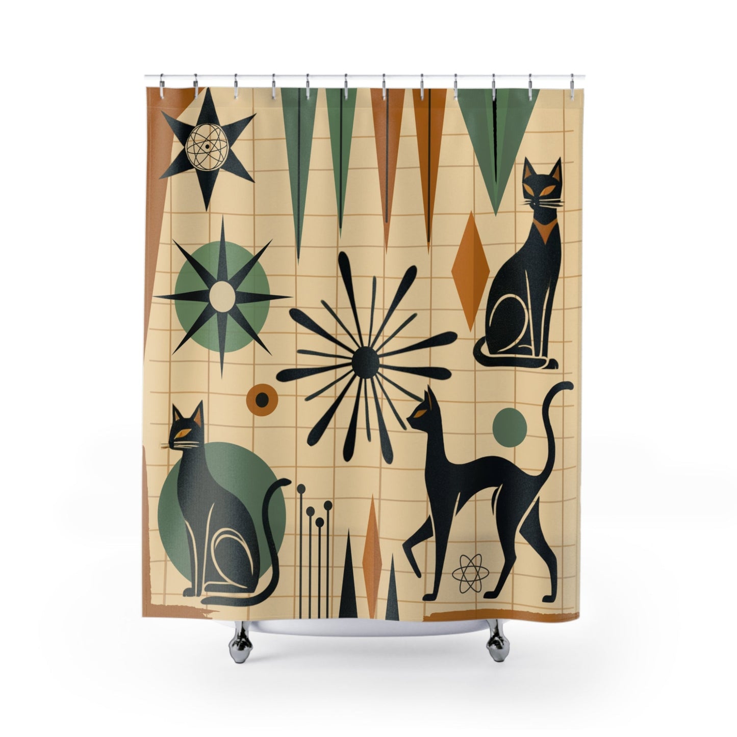 Shower curtain with atomic-era black cats, retro starbursts, and geometric patterns on a beige grid background, hanging in a modern bathroom.