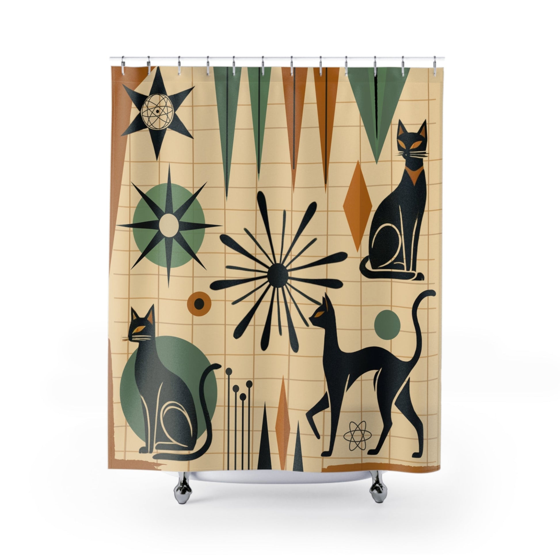 Shower curtain with atomic-era black cats, retro starbursts, and geometric patterns on a beige grid background, hanging in a modern bathroom.