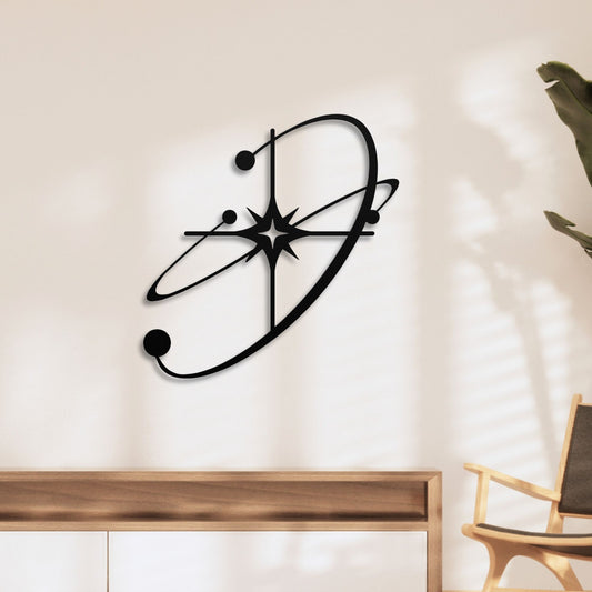 MCM Metal wall art with a unique design on a light wall.