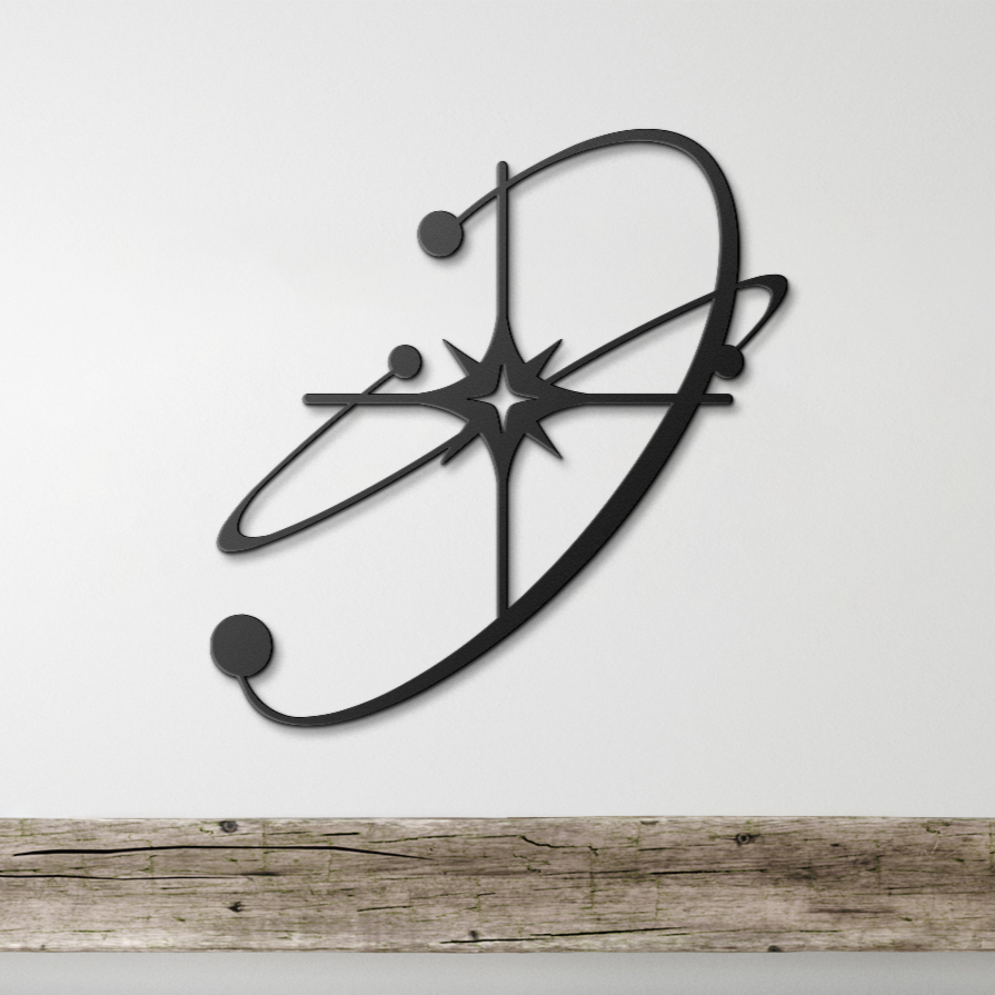 Geometric sign in matte black creates a bold vintage statement.