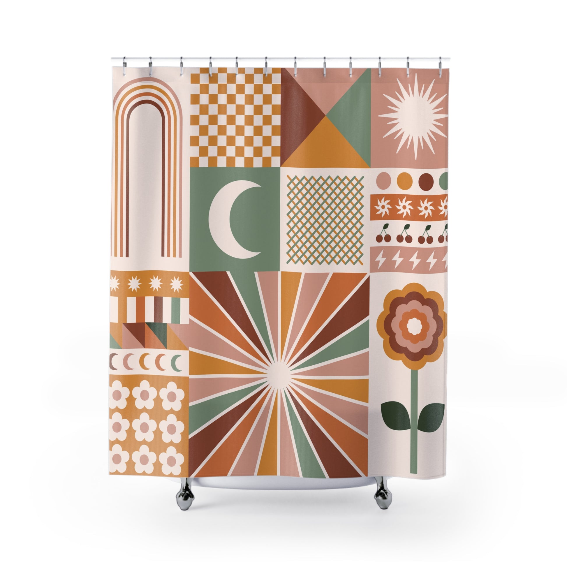 patchwork-style design with retro and bohemian influences shower curtain
