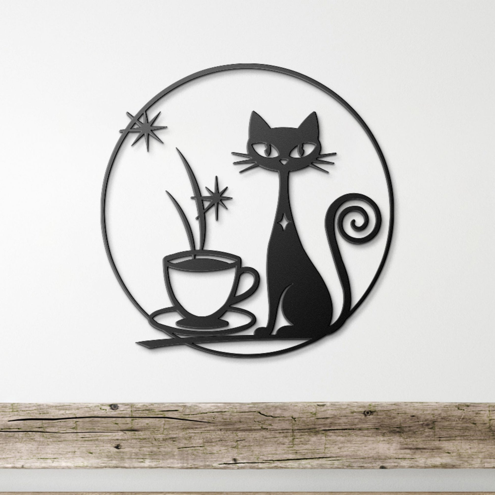 retro metal art with a black cat and coffee cup design on a white background.