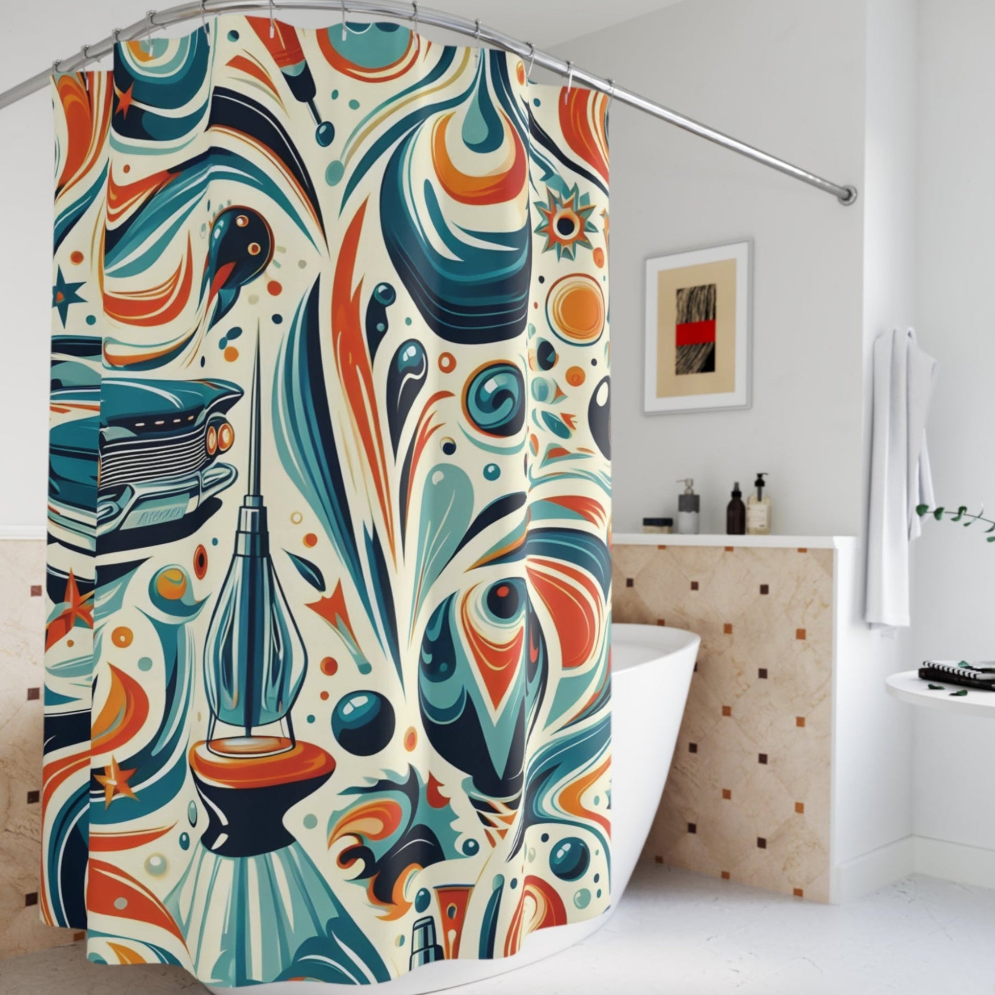 Atomic age bathroom decor with retro car, rocket, and stars pattern