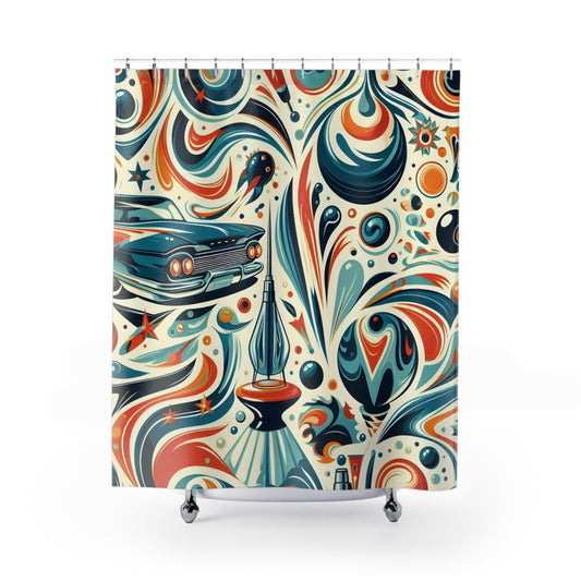 Retro space shower curtain with vintage car and rocket illustration