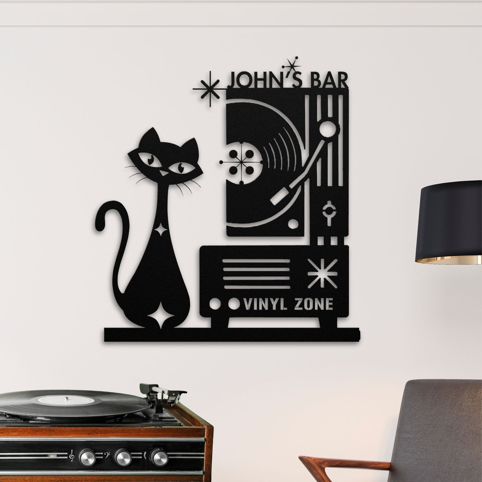 Metal wall art with a cat and vinyl record player design, featuring the text 'John's Bar Vinyl Zone'.