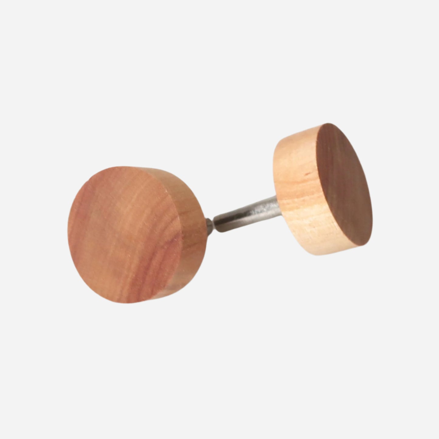 Small round birch wood knob on metal base for cabinets or drawers