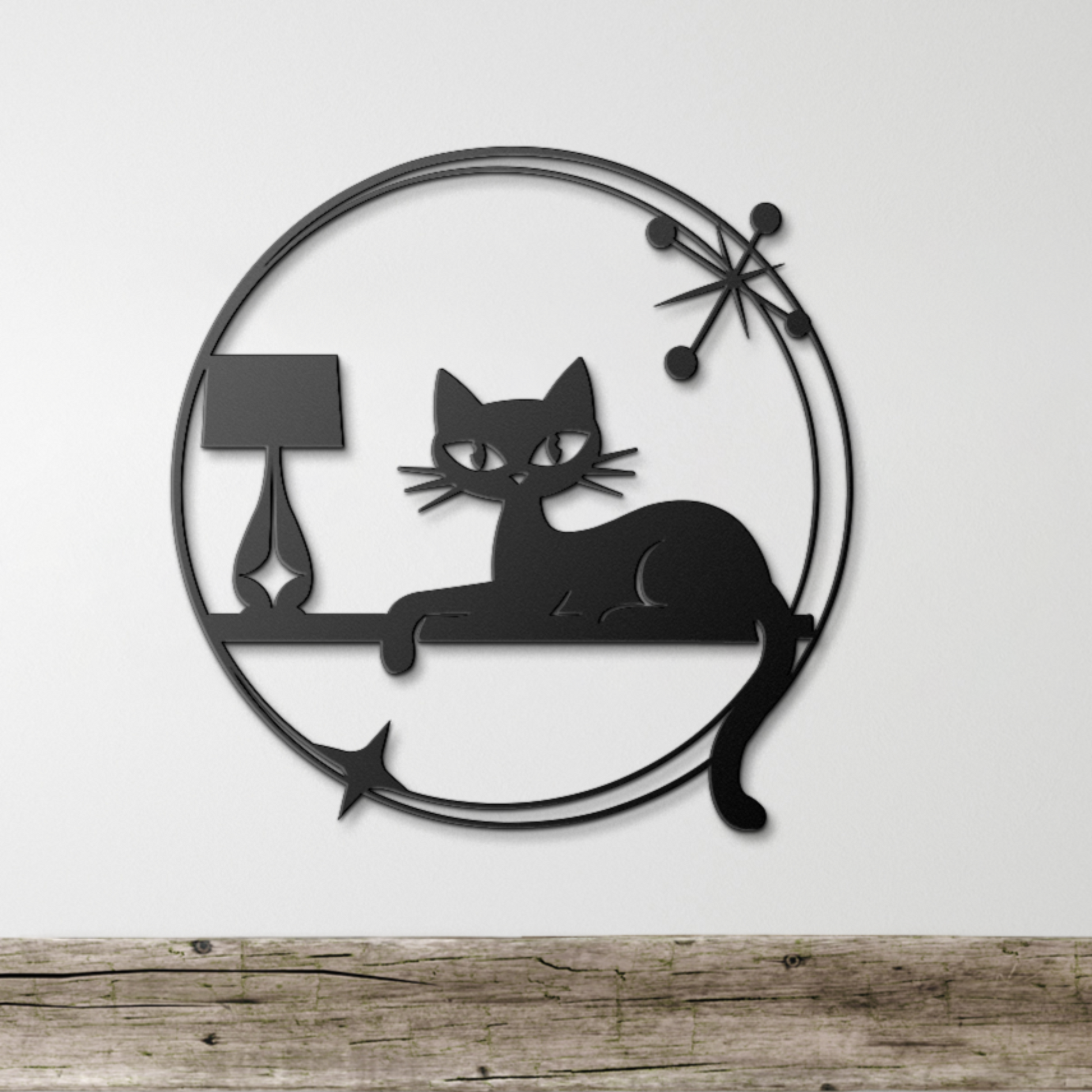 Mid-Century Cat Metal Sign with Lamp & Stars