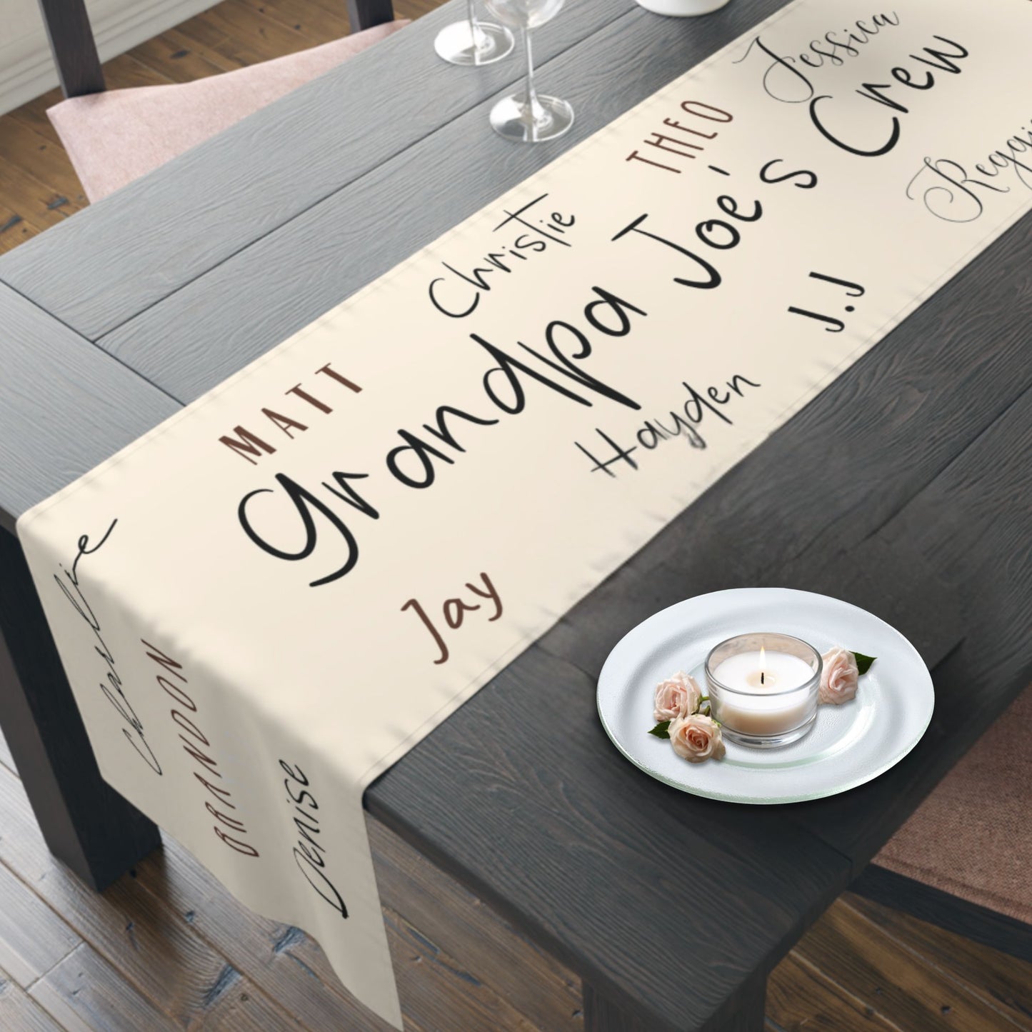 Personalized family name table runner in a modern minimalist design, perfect for weddings, special events, and home décor