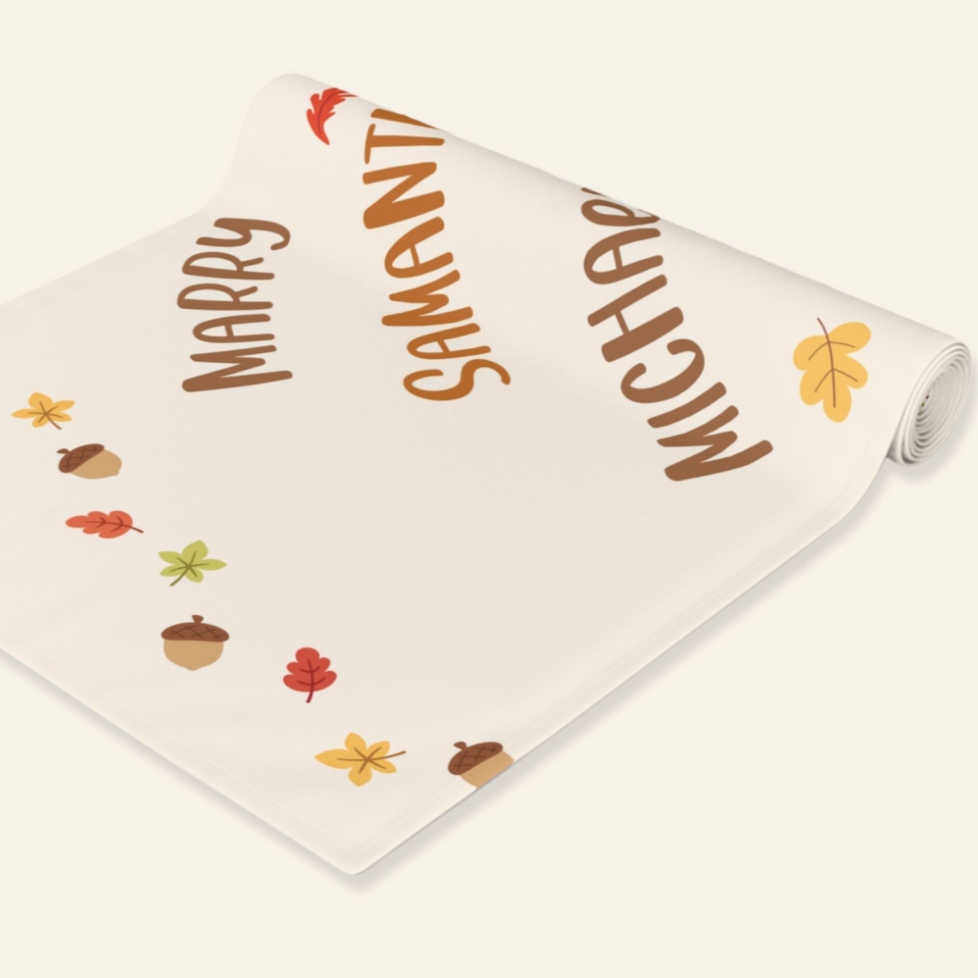 Personalized runner with names and autumn-themed decorations on a white background