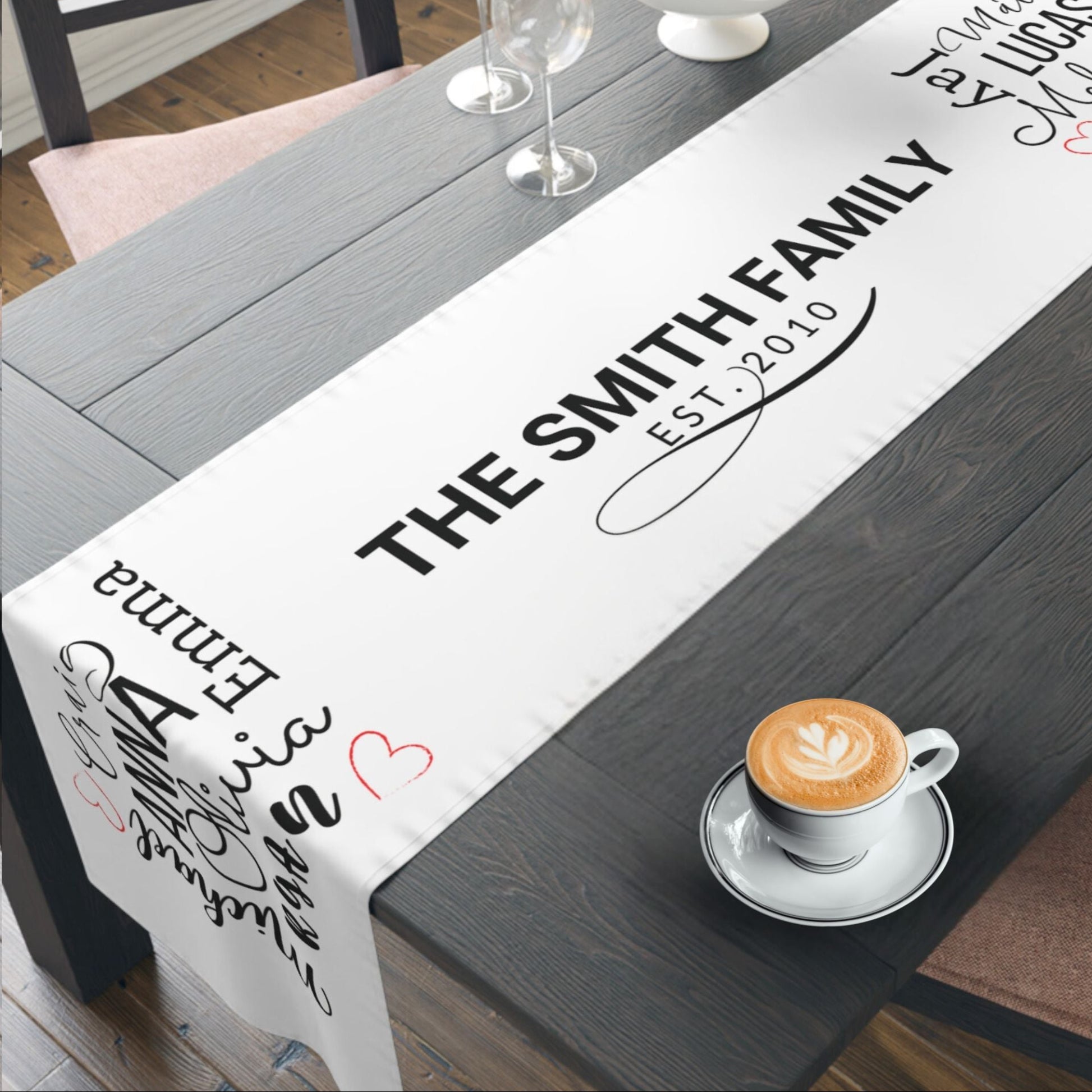 Minimalist personalized family name table runner with a modern design, perfect for weddings, holidays, and everyday dining.
