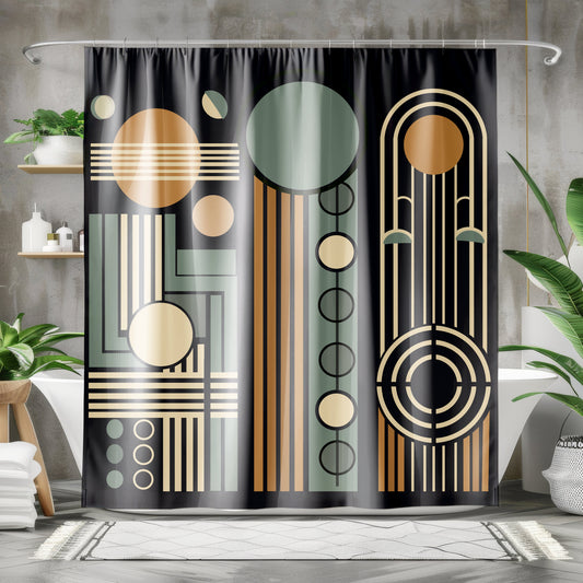 Stylish geometric shower curtain in dark tones with retro elegance.