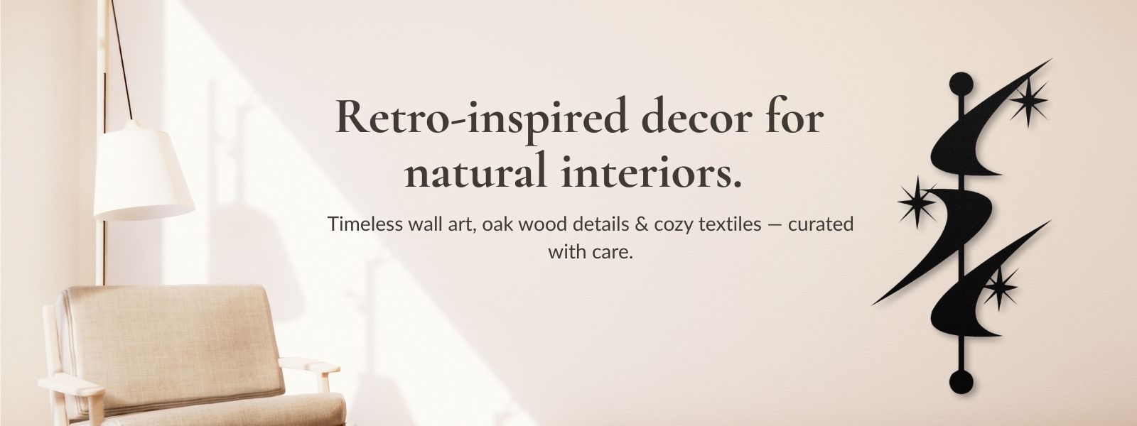 Mid Century wall art with text on a white wall, featuring a chair and lamp.