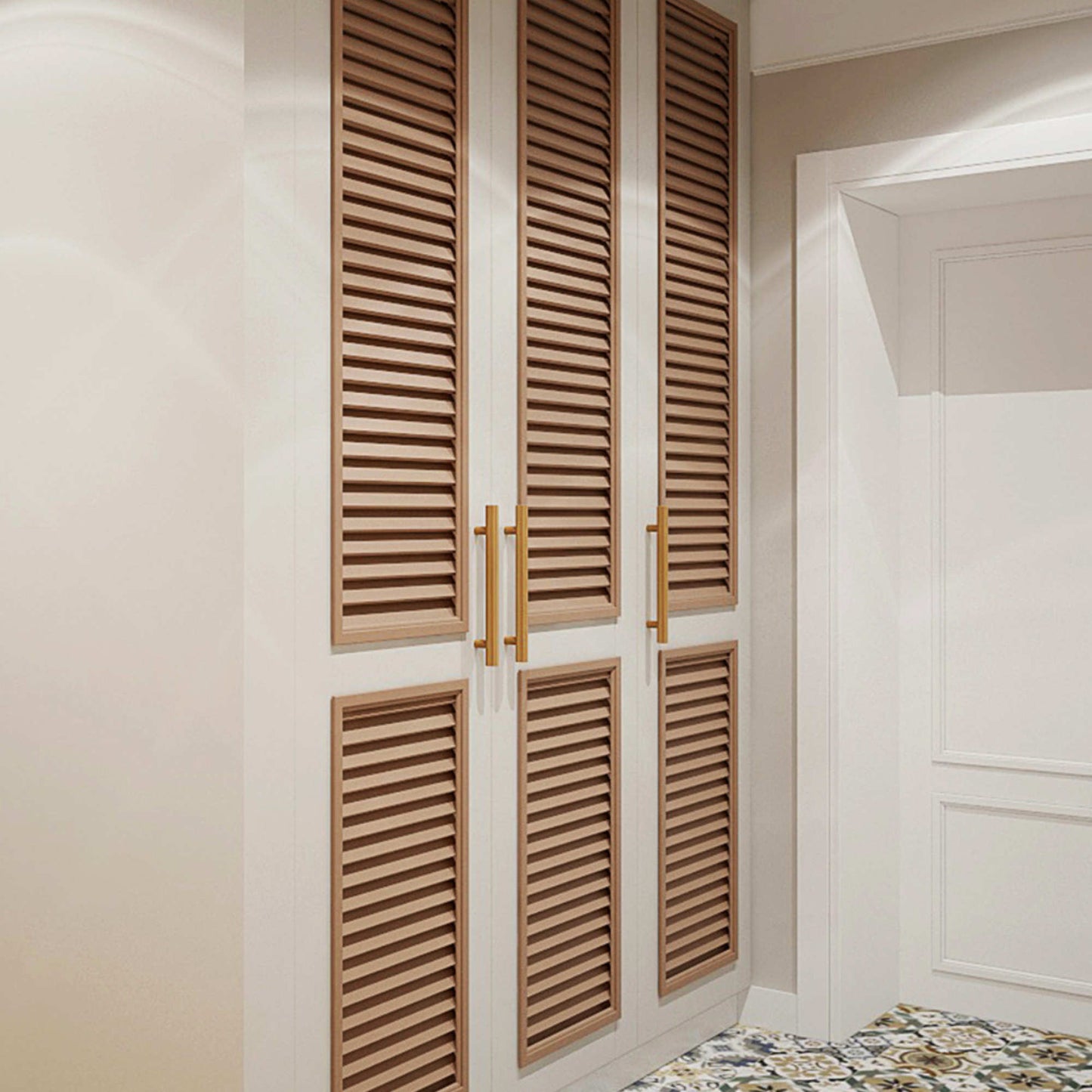 oak long handles on wardrobe in the entryway