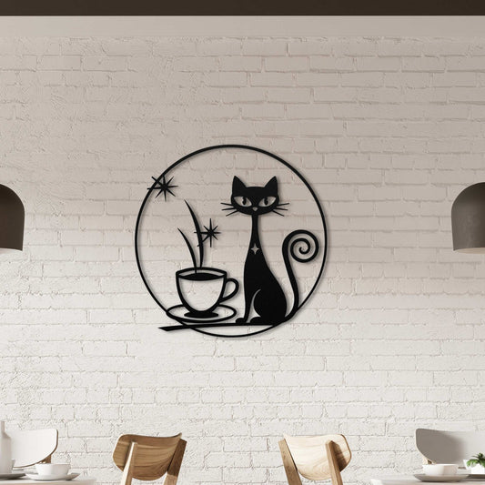 Decorative wall art of a black cat and coffee cup on a white brick wall.