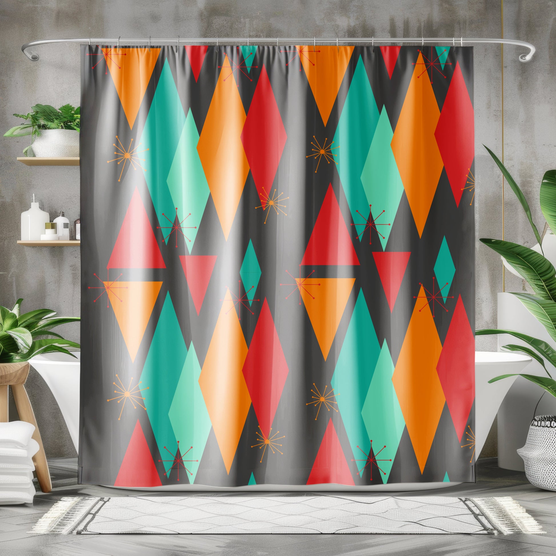 Mid-century shower curtain with colorful retro diamonds in red, orange, teal, and atomic starbursts on a dark gray background