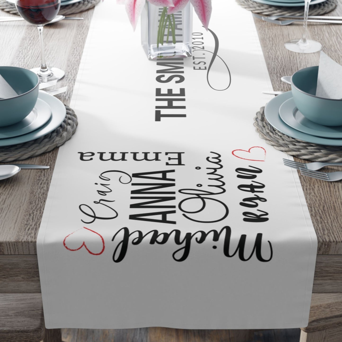 personalized family name white table runner with a modern design