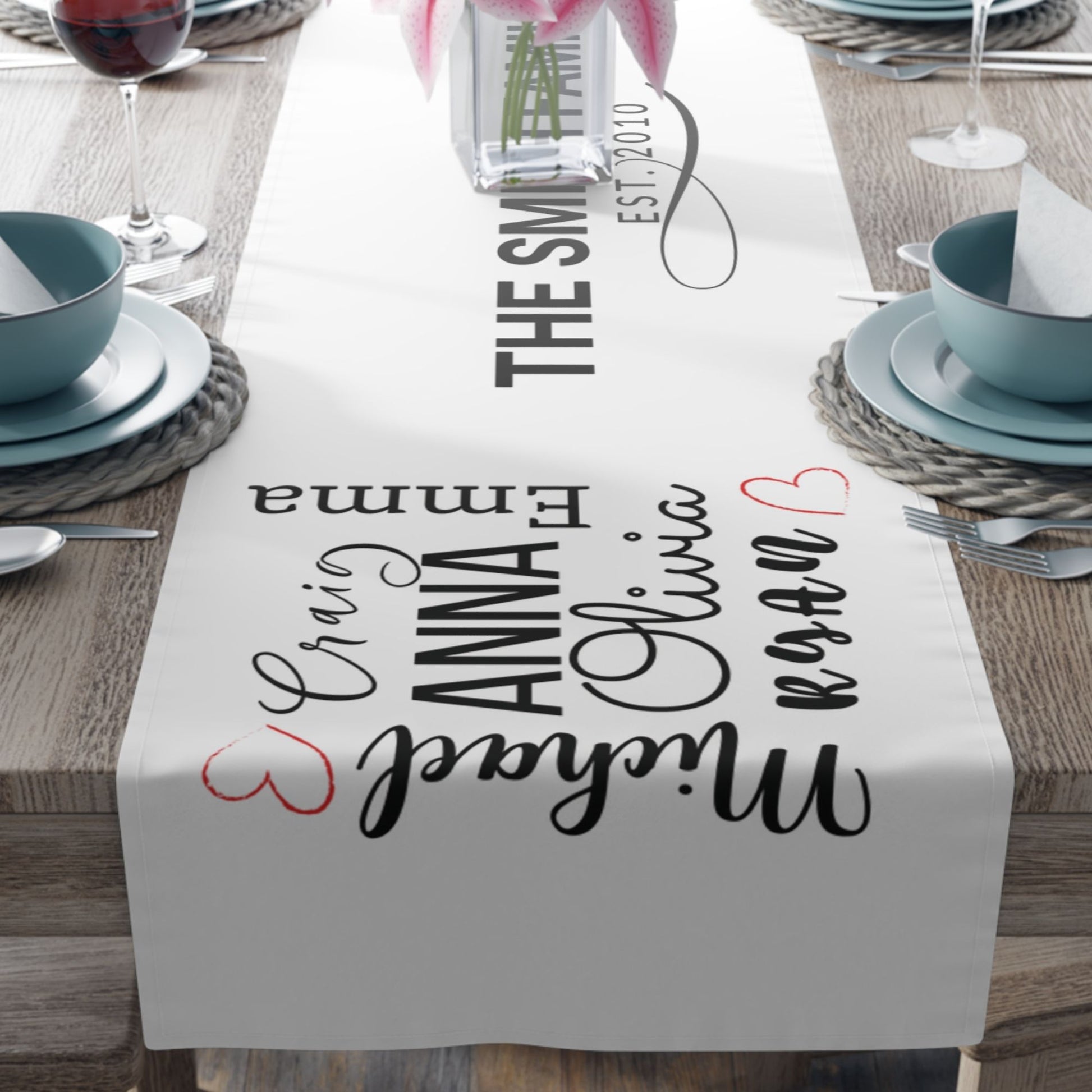 personalized family name white table runner with a modern design