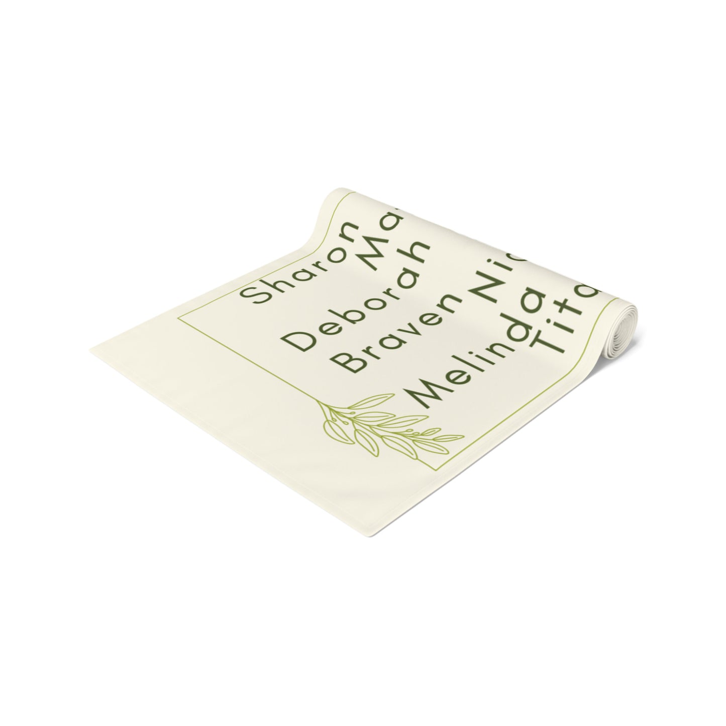 Personalized olive green table runner, perfect for weddings and special occasions.