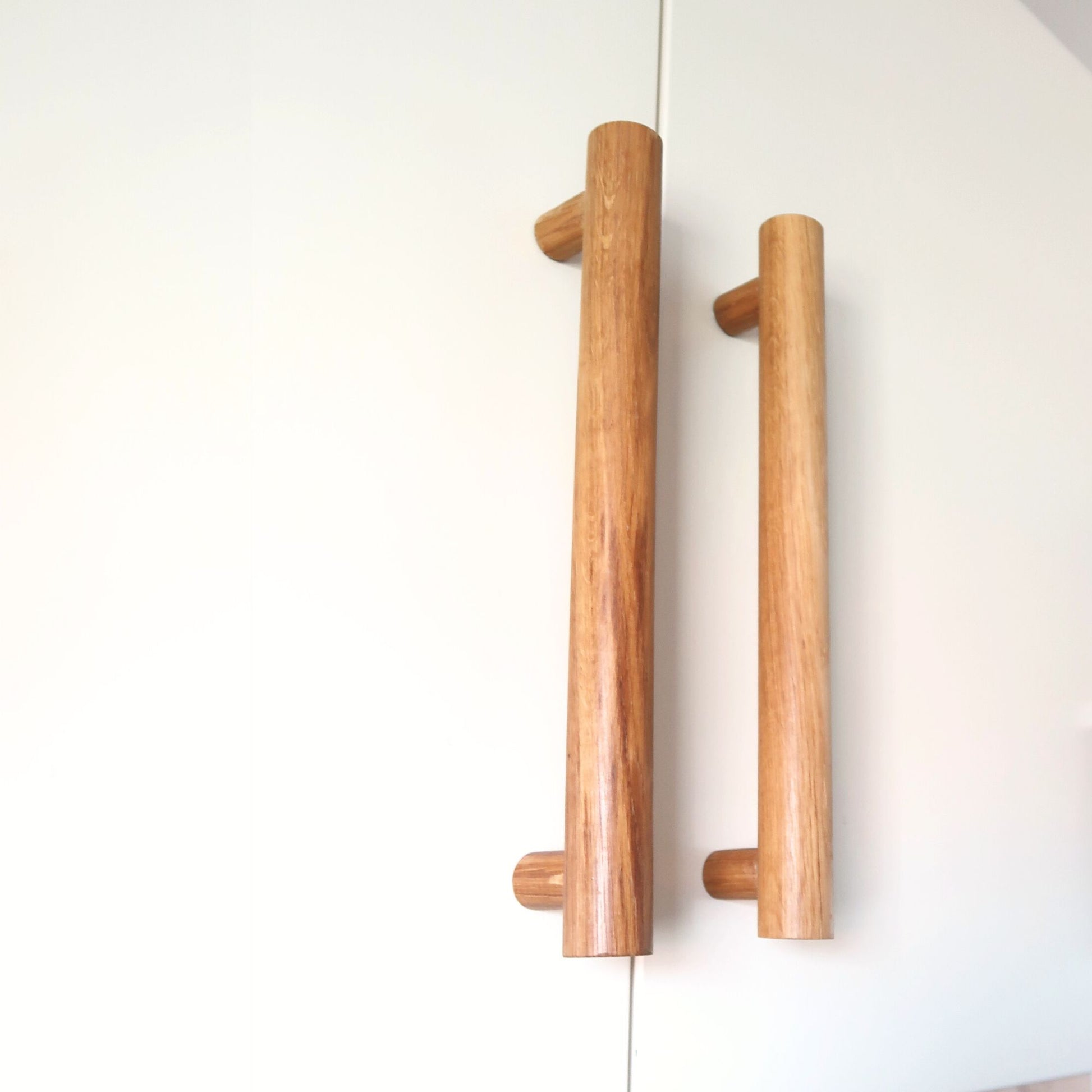 Wooden handles on a white doors