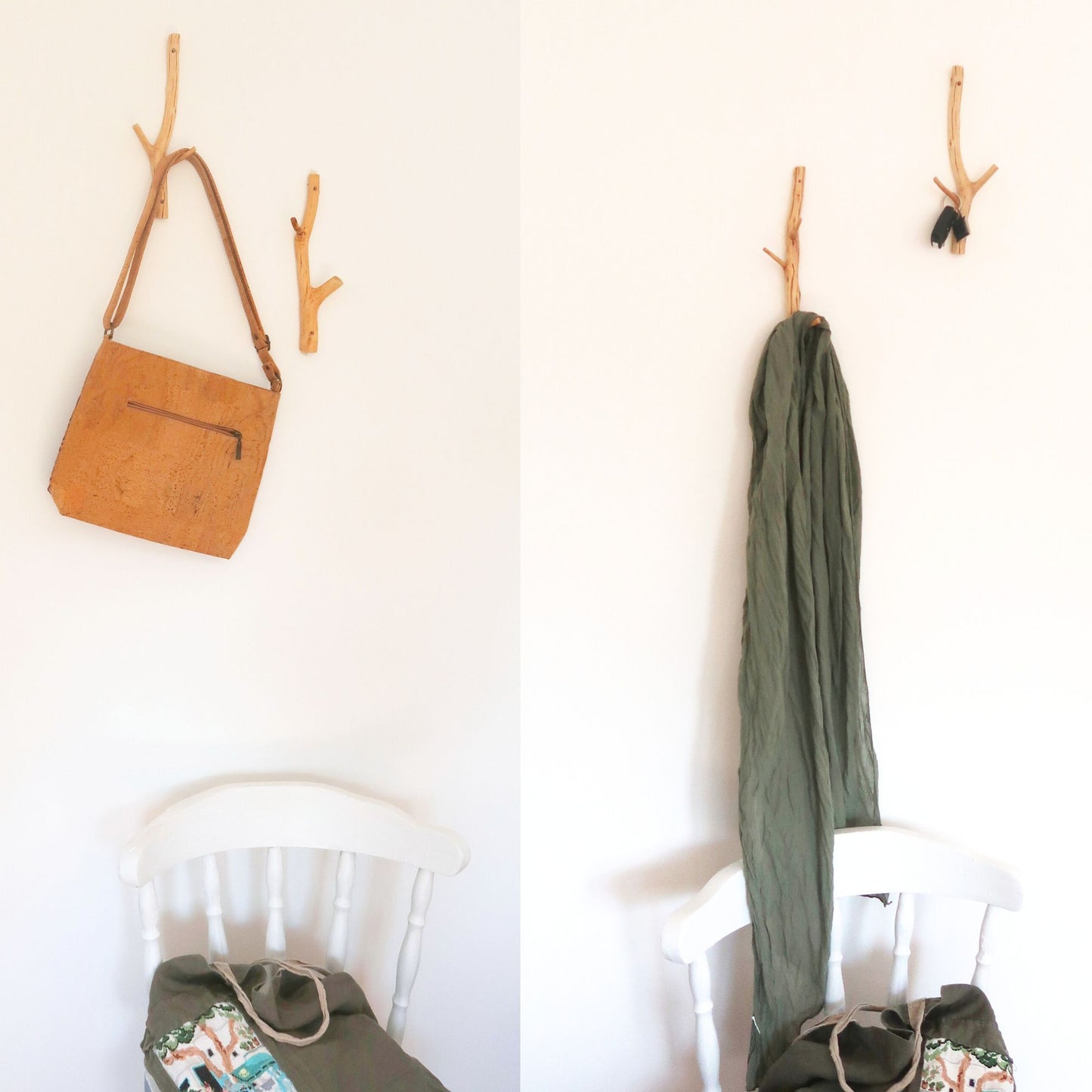 Oak branch wall hook mounted on wall, minimalist rustic interior style.