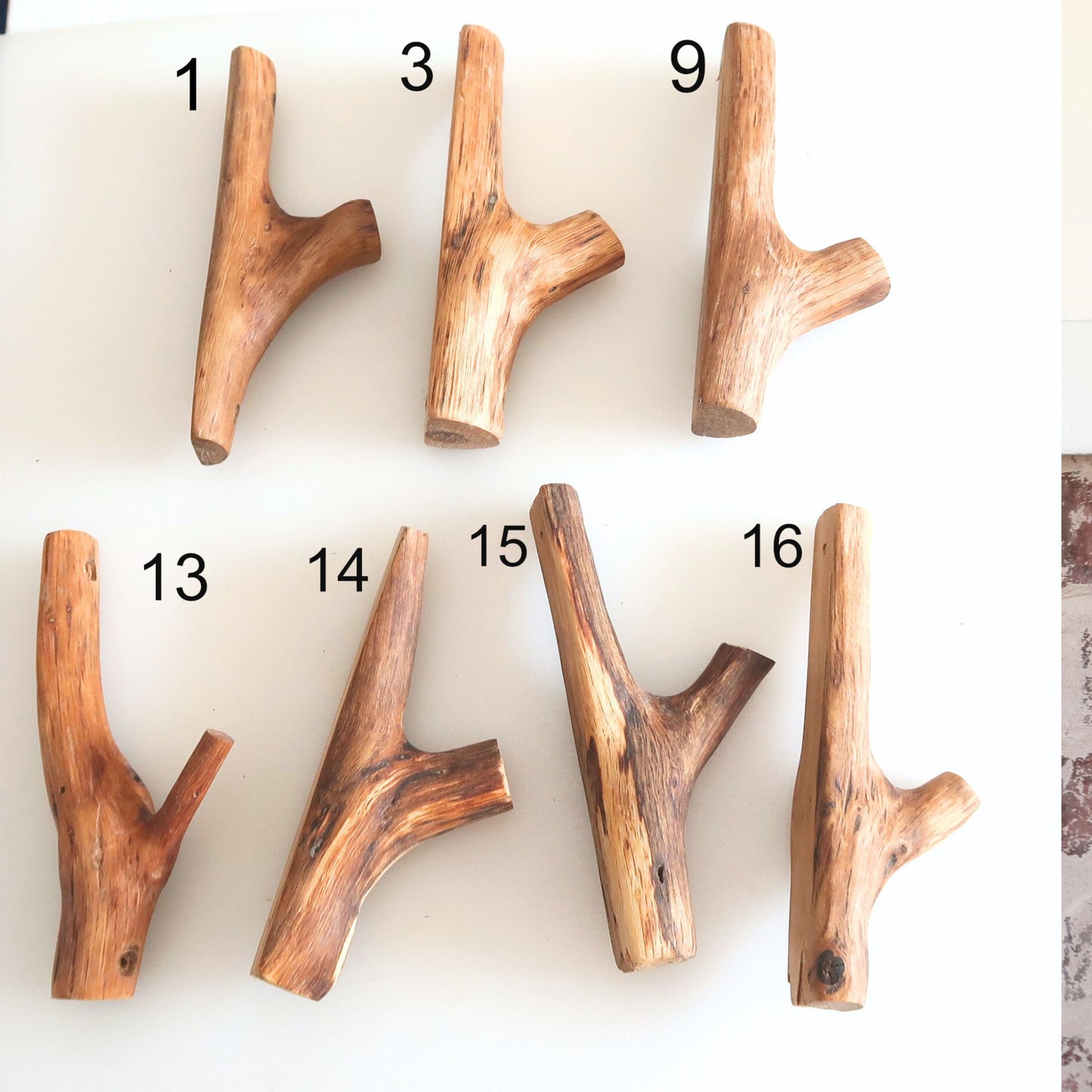 Side view of handcrafted oak branch hook, organic form and natural finish.