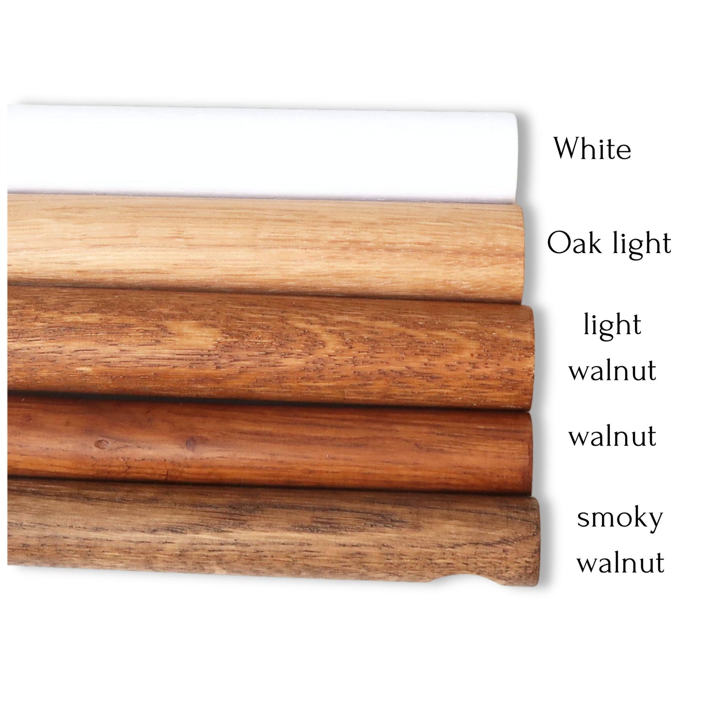 Wooden samples in different finishes on a white background