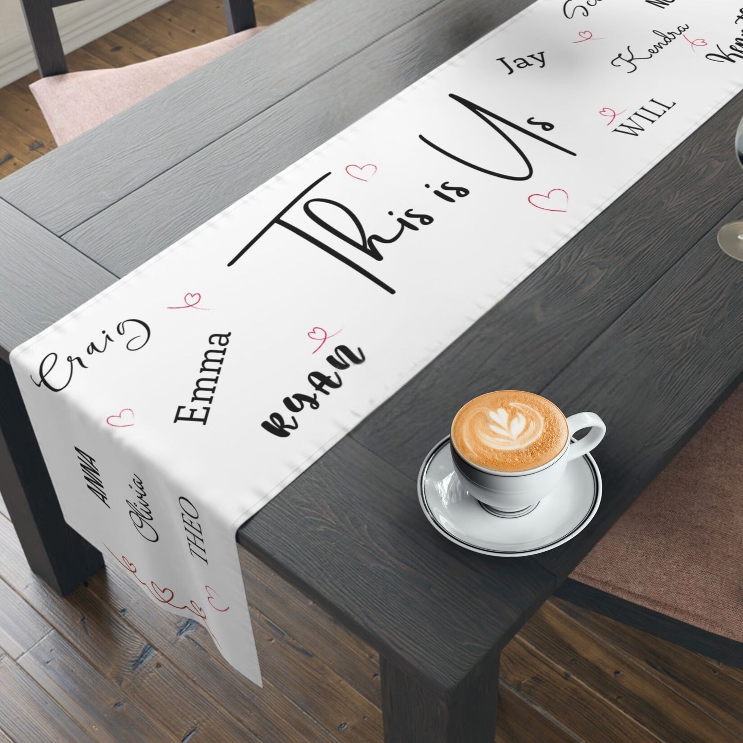 Personalized family table runner with custom names and ‘This is Us’ text, perfect for dining decor and special occasions.