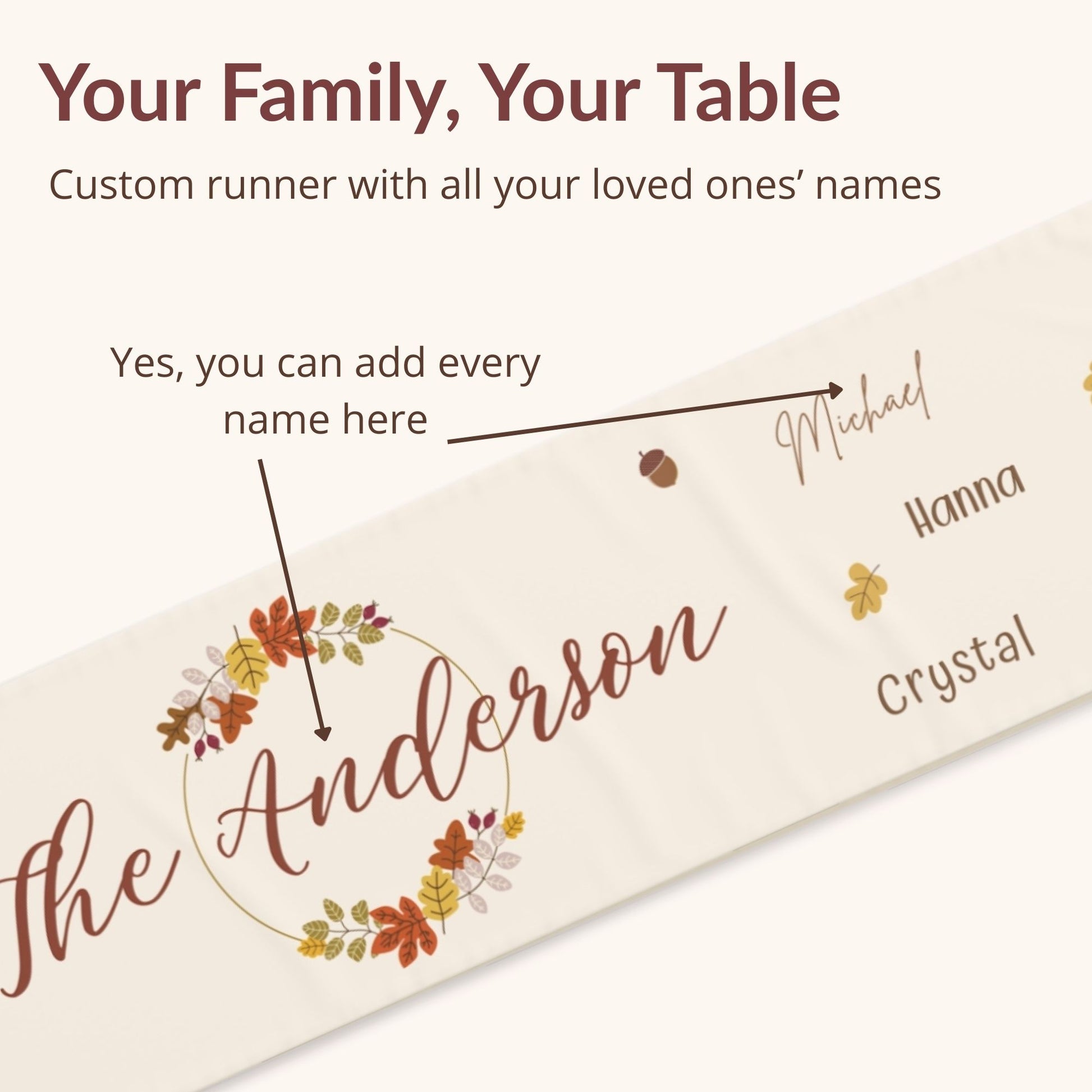 Custom table runner with family names and fall-themed design