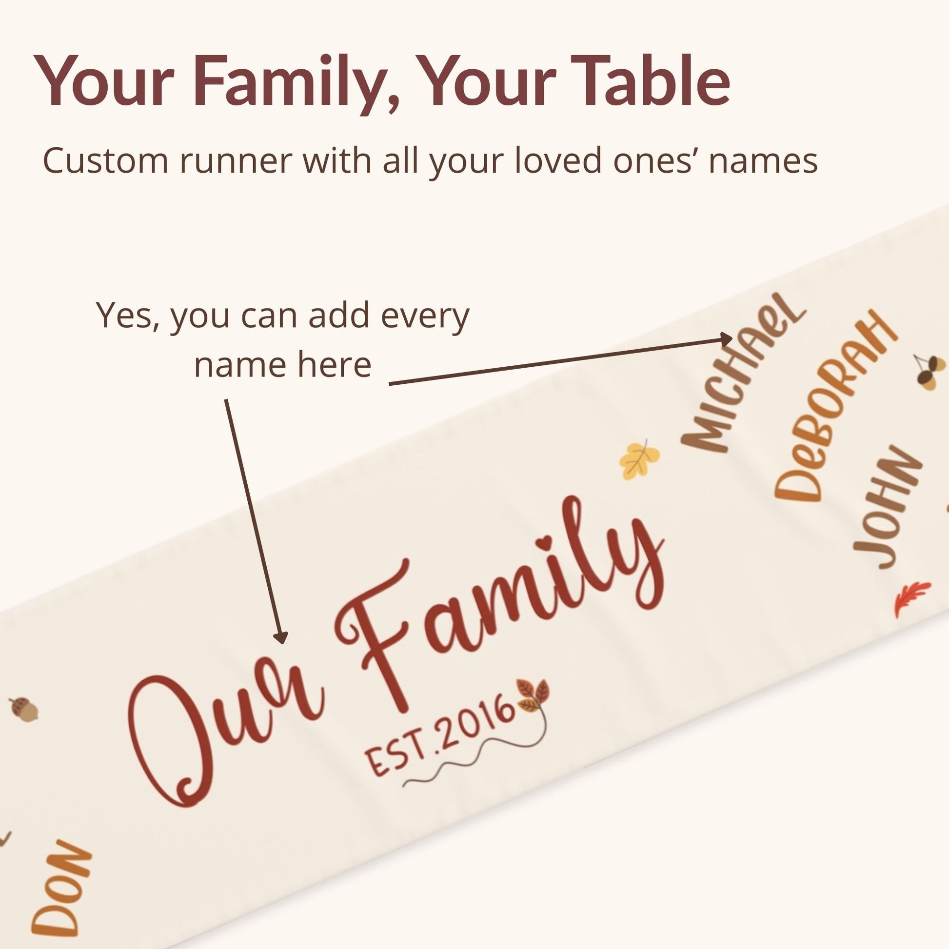 Custom table runner with names printed on it, featuring the text 'Your Family, Your Table'.