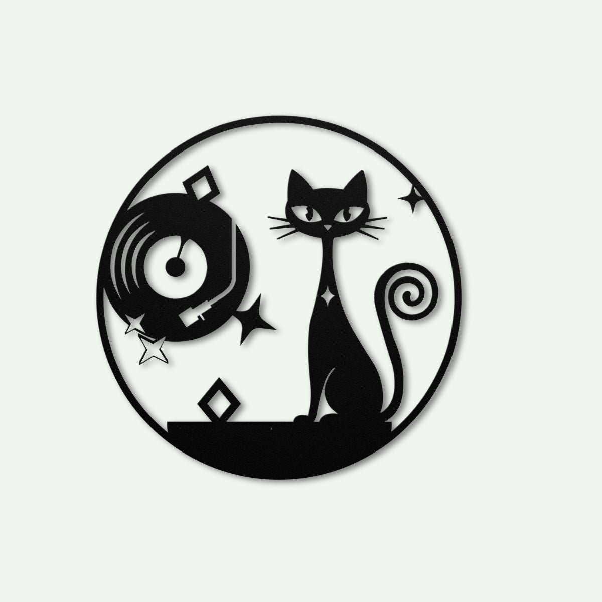 Circular design with a black atomic cat and vinyl record on a white background