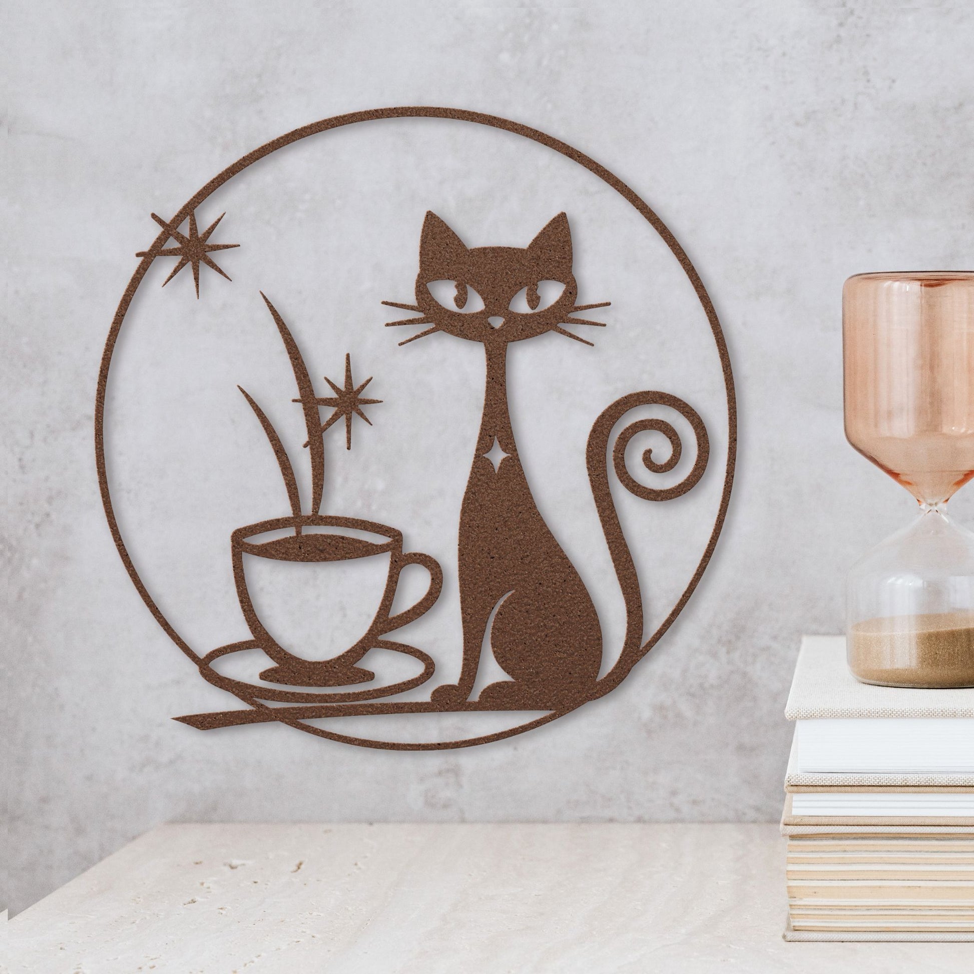 cooper metal wall sign featuring a retro atomic cat with coffee cup and starburst elements – mid-century modern style decor