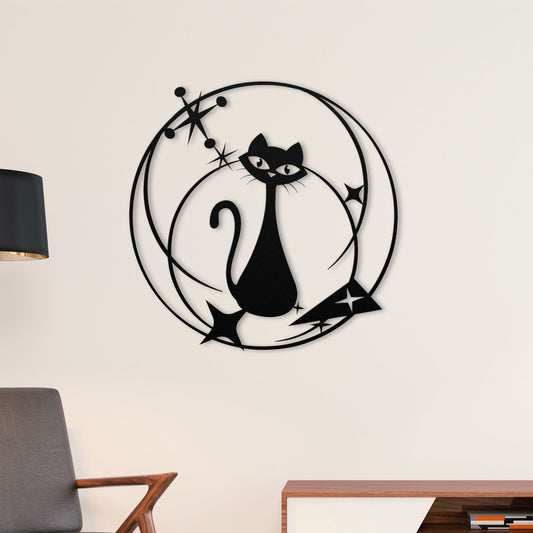 atomic cat surrounded by orbital rings and retro starbursts on the wall
