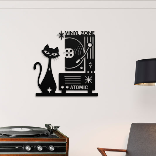 Decorative vinyl record player wall art with a cat design on a white wall.