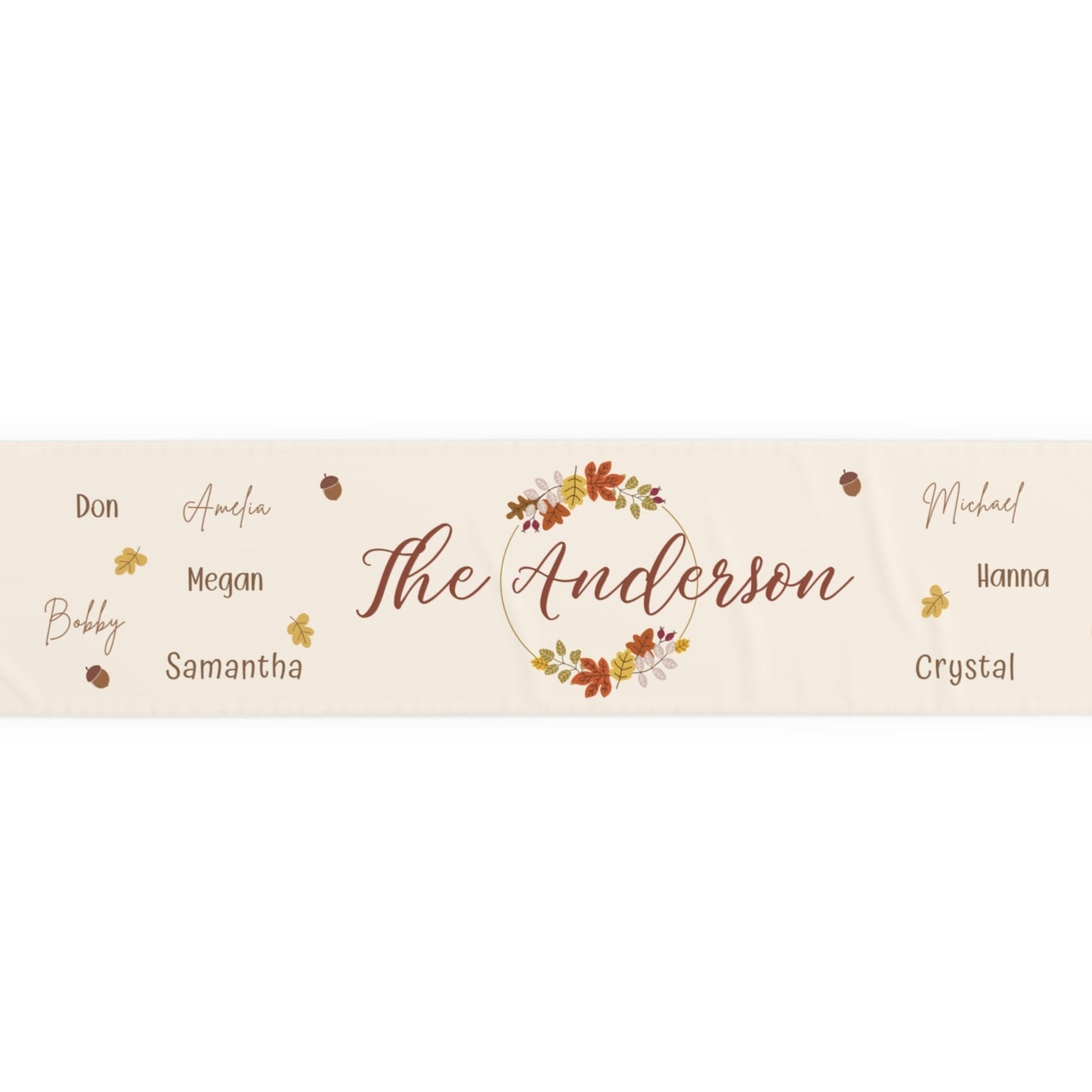 Personalized name family runner with fall elements on a white background