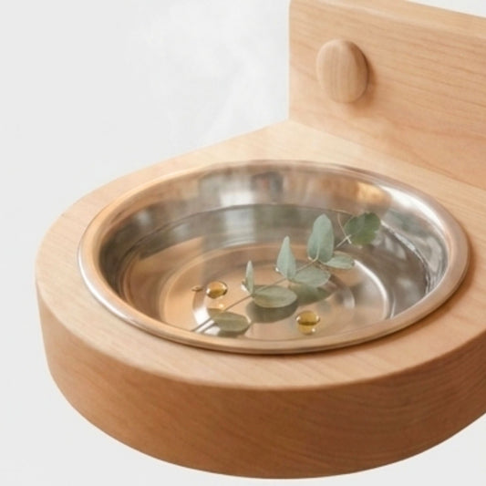 The stainless-steel bowl sits securely on a solid alder wood base
