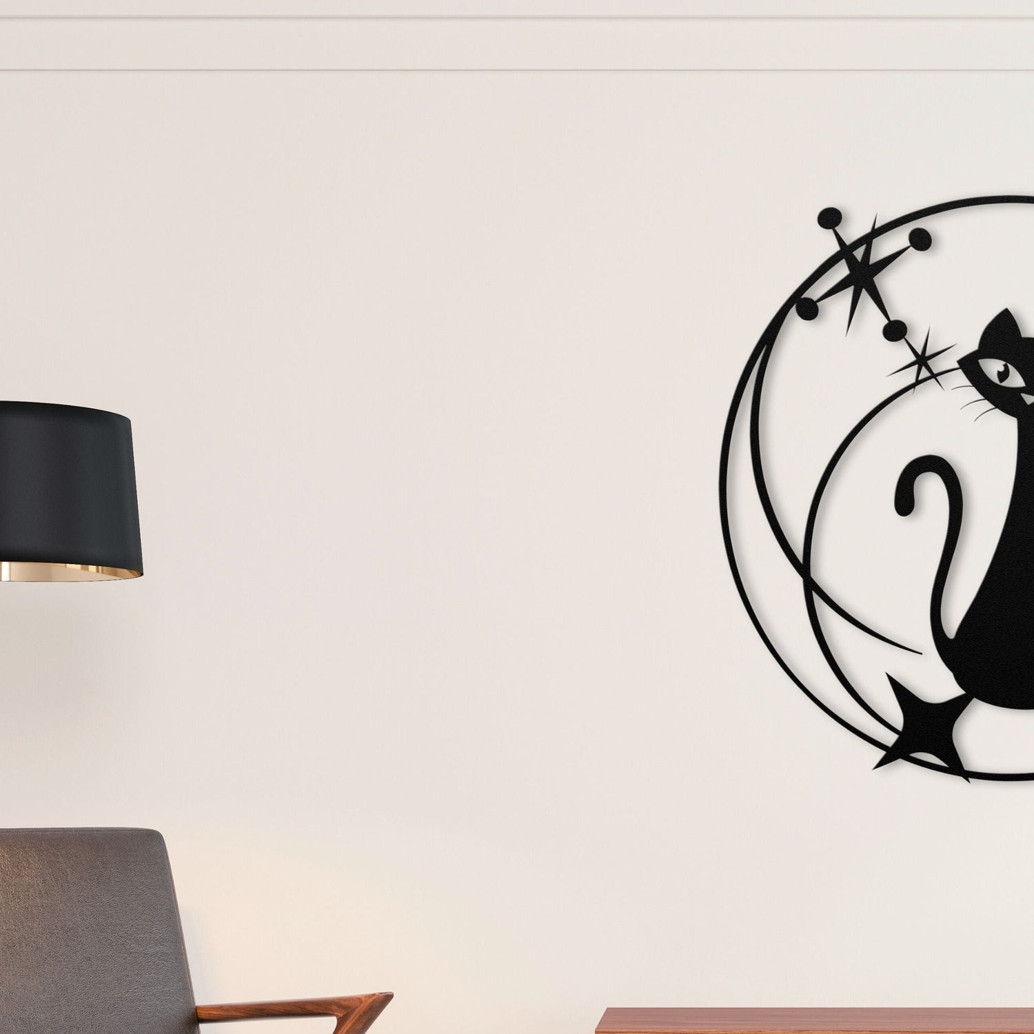 Mid-century modern metal wall art featuring a stylized black cat on a retro-inspired background