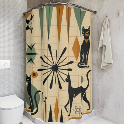 Mid-century modern shower curtain with Atomic Cat and retro starburst design.