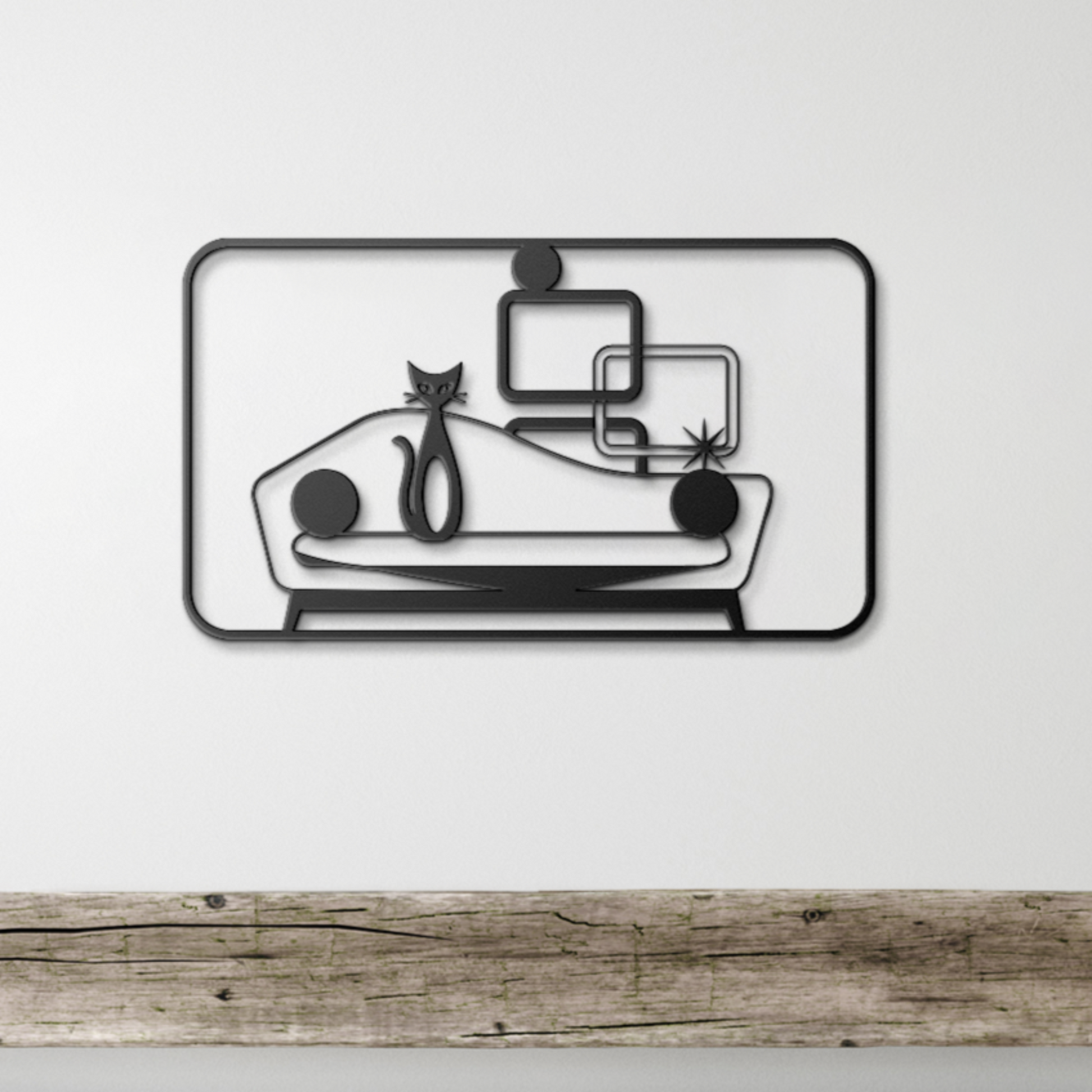 Mid-century modern black cat metal wall art with geometric shapes and retro sofa