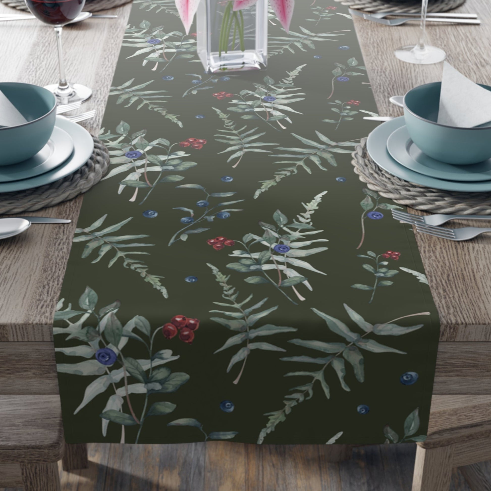 Elegant Branches & Blueberry Table Runner on a wooden dining table.