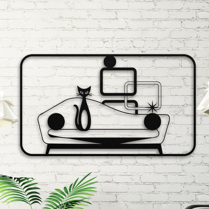 Mid-Century Modern Cat Metal Wall Art|Retro Geometric Home Decor