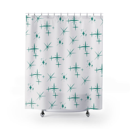 Mid-century starburst shower curtain in white and teal retro design